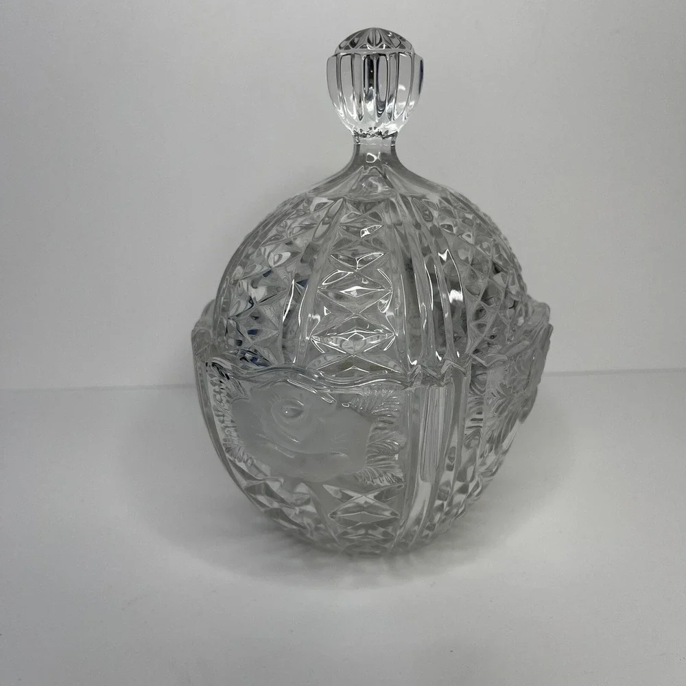 24% Crystal‎ Vintage Oval Candy Dish w/ Lid Glass Etched West Germany Floral